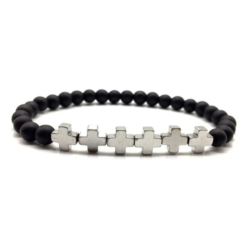 Men Bracelet Natural Black Hematite Beaded Handmade Women Cross Stone Diffuser Bracelets Jewelry Gifts