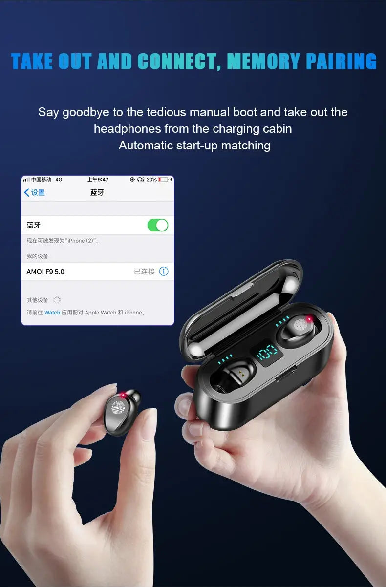 Wireless Earphone Bluetooth V5.0 F9 TWS Headphone LED Display With 2000mAh Power Bank Headset Microphone