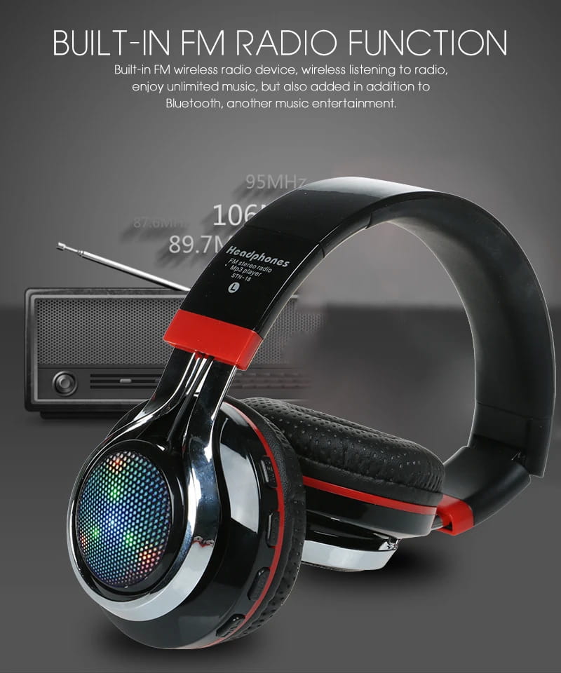STN-18 Glowing Wireless Bluetooth Headphone Portable Headset Stereo Heavy Bass Earbuds LED Mic TF FM