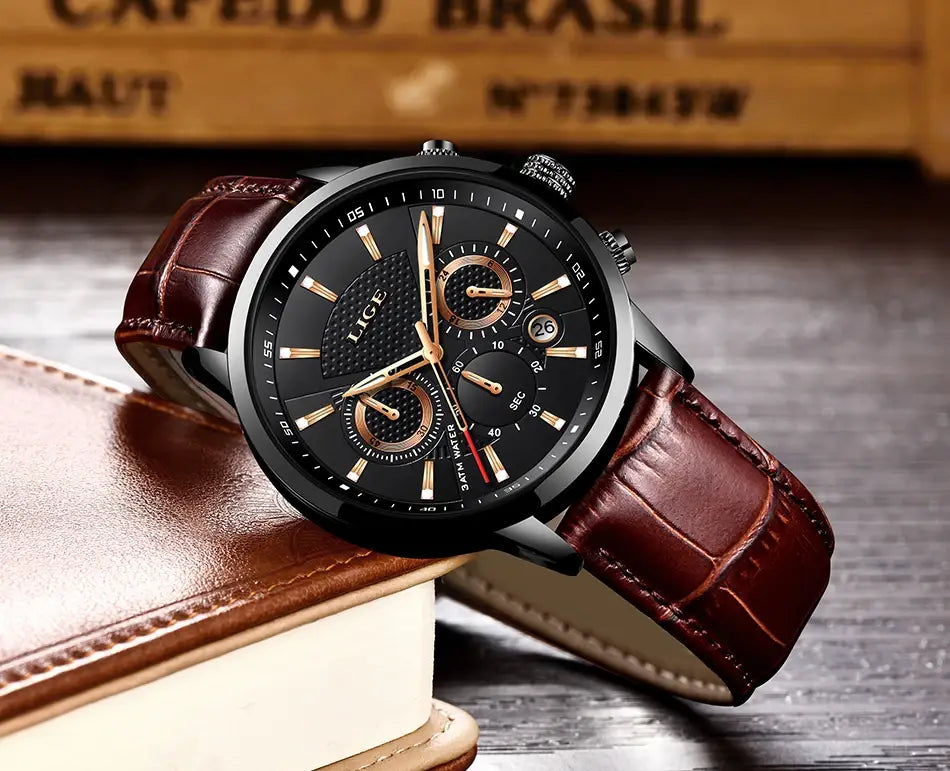 2023 New Mens Watches LIGE Top Brand Leather Chronograph Waterproof Sport Automatic Date Quartz Watch For Men Relogio