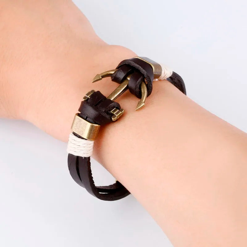 Wholesale Cuff braided Wrap Bracelet & Bangles Men Jewelry Pirate Genuine Leather Anchor Bracelets Vintage Men’s