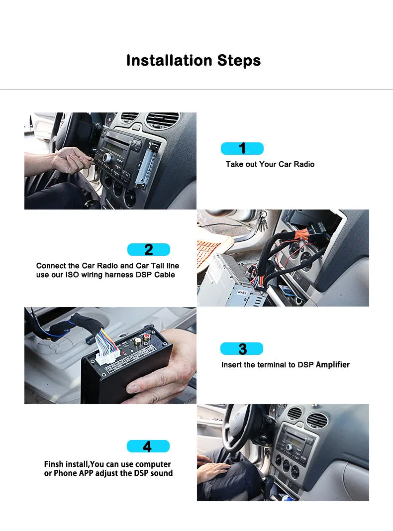 wiring harness 4X150W Car DSP amplifier with android Software app car radio sound upgrade digital audio signal processor