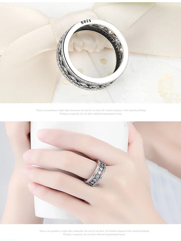 BAMOER 925 Sterling Silver Square Vintage Fascination Clear CZ Big Ring PA7601