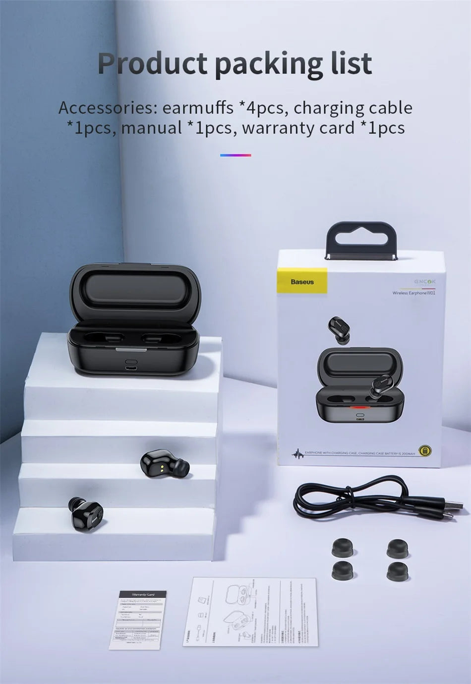 Baseus W01 TWS Bluetooth Earphone Wireless Headphone 5.0 Stereo Bass earphones With HD Microphone For Phone