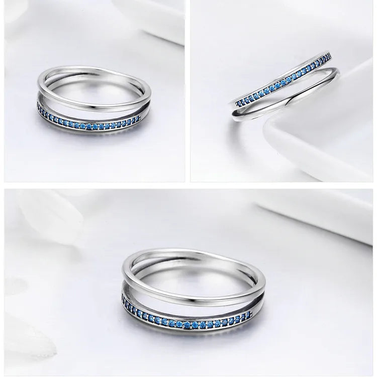 BAMOER 925 Sterling Silver Double Circle Black Clear CZ Stackable Finger Ring SCR082