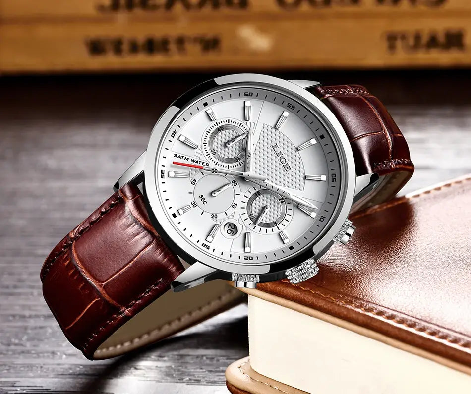 2023 New Mens Watches LIGE Top Brand Leather Chronograph Waterproof Sport Automatic Date Quartz Watch For Men Relogio