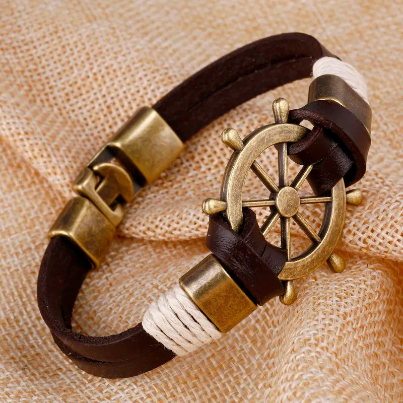 Wholesale Cuff braided Wrap Bracelet & Bangles Men Jewelry Pirate Genuine Leather Anchor Bracelets Vintage Men’s