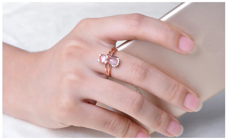 Cute Cat Animal CZ Ross Quartz Crystal Pink Opal Rings