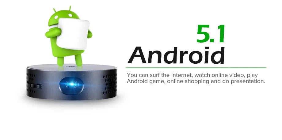 AUN DLP Portable Projector Q8 Set in Android 5.1 WIFI. 10900mAH Battery Power Bank for LED Use as Bluetooth Speaker