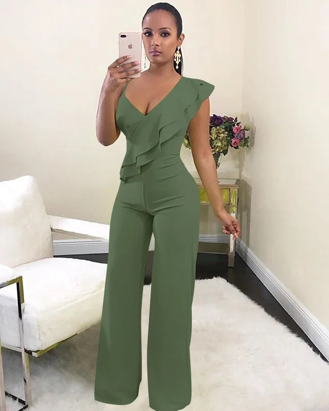 One Shoulder Ruffles Jumpsuits For Women Fashion V Neck Long Wide Leg Pants
