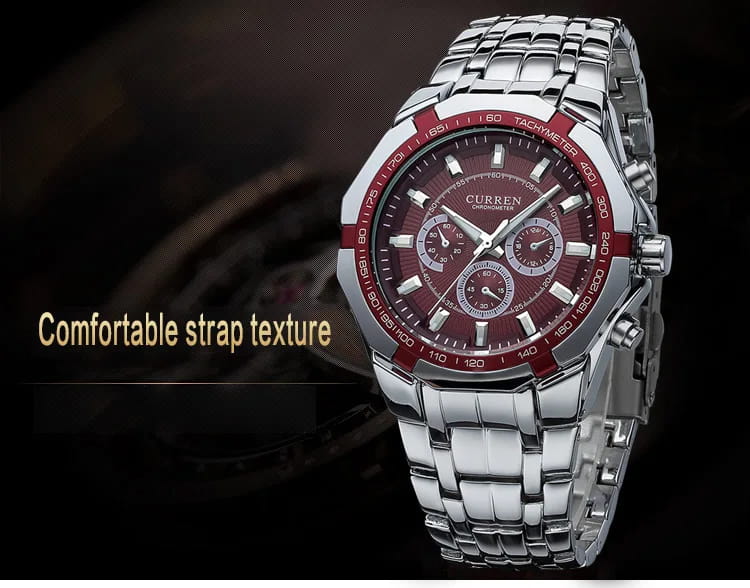 Curren men luxury brand military chronograph watch with burgundy dial