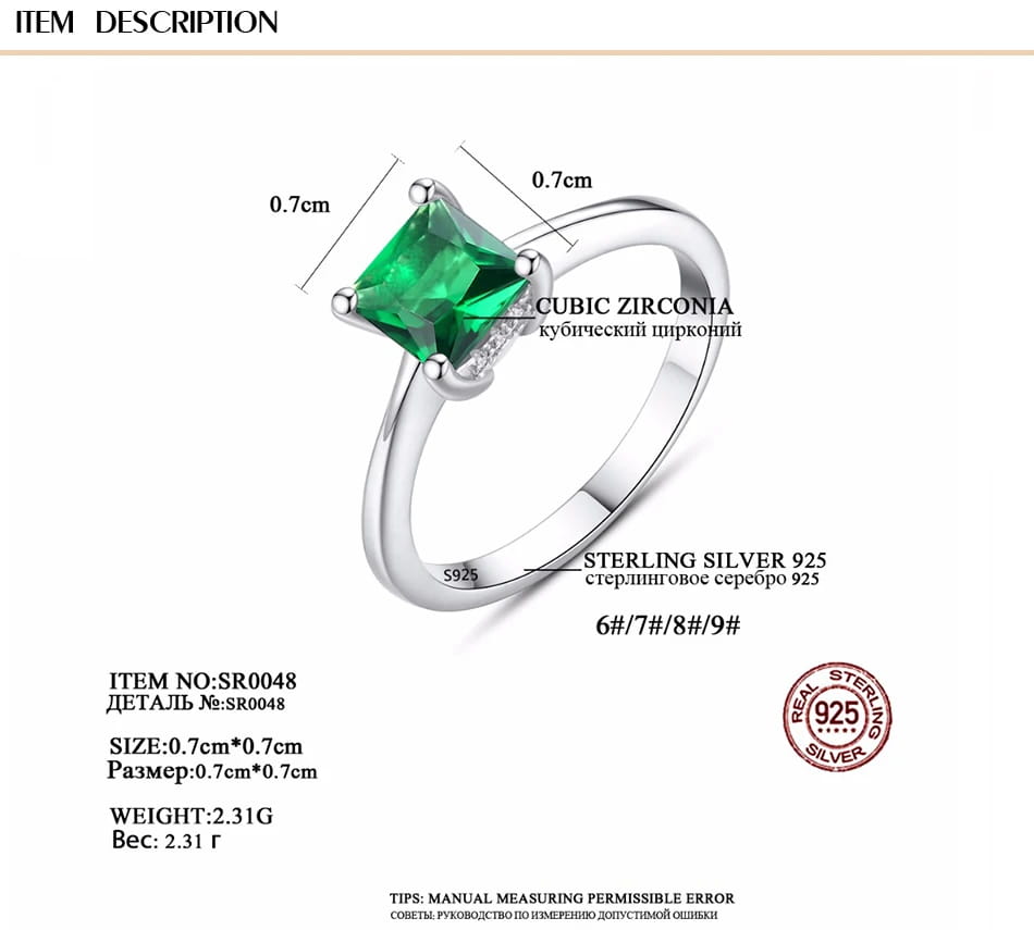 Emerald Simple Female Zircon Stone Finger Ring 925 Sterling Silver Women Jewelry Prom Wedding Engagement Rings