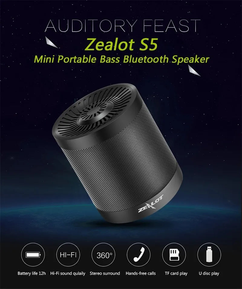 ZEALOT S5 Portable Bluetooth Speaker Column Wireless Subwoofer Super Bass Stereo USB TF Card Play With Microphone