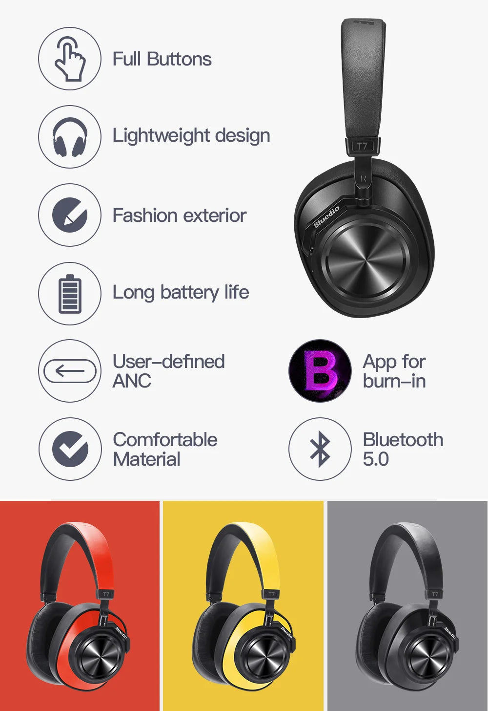 Bluedio T7 Bluetooth Headphones User-defined Active Noise Cancelling Wireless Headset for phones and music with face