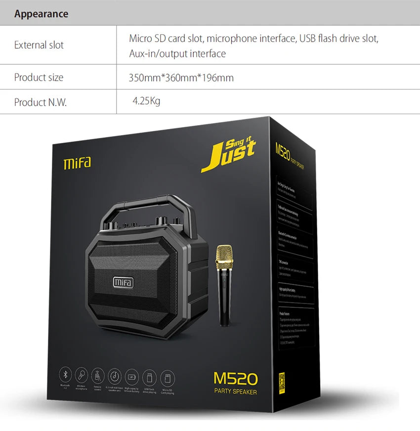 Mifa M520 Bluetooth Speaker with Wireless Microphone Mobile Karaoke TWS Stereo