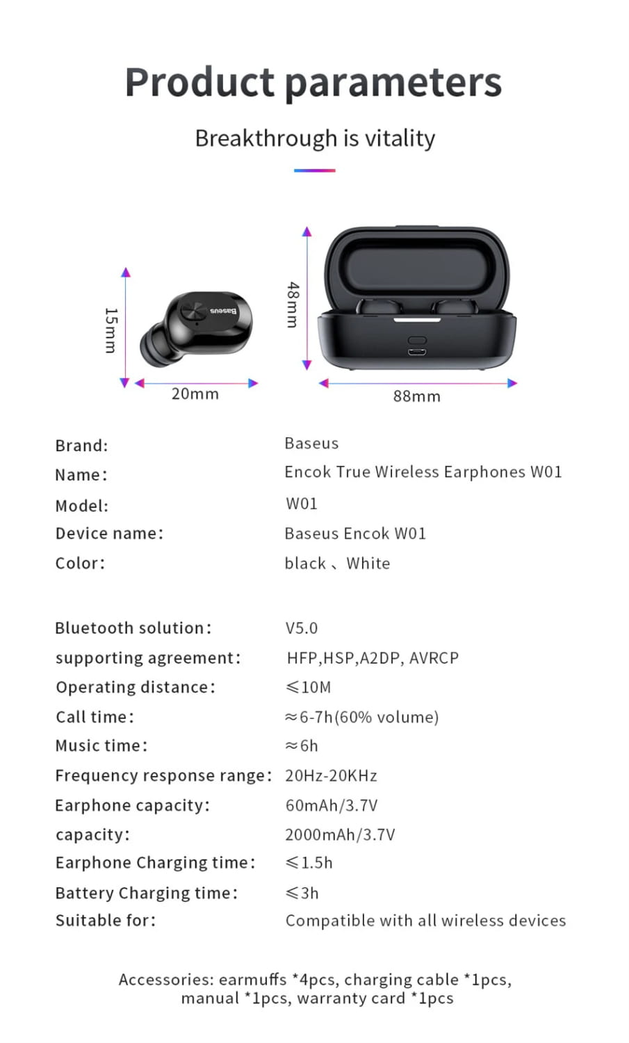 Baseus W01 TWS Bluetooth Earphone Wireless Headphone 5.0 Stereo Bass earphones With HD Microphone For Phone