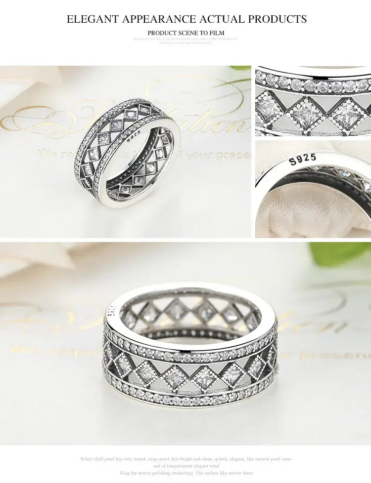 BAMOER 925 Sterling Silver Square Vintage Fascination Clear CZ Big Ring PA7601