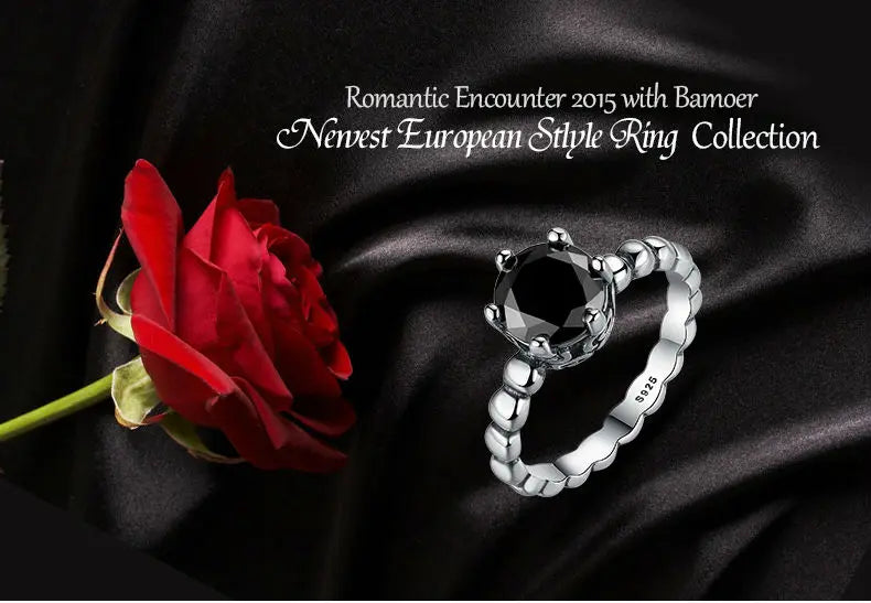 BAMOER Finger Ring with Black Cubic Zirconia Wedding Jewelry PA7205