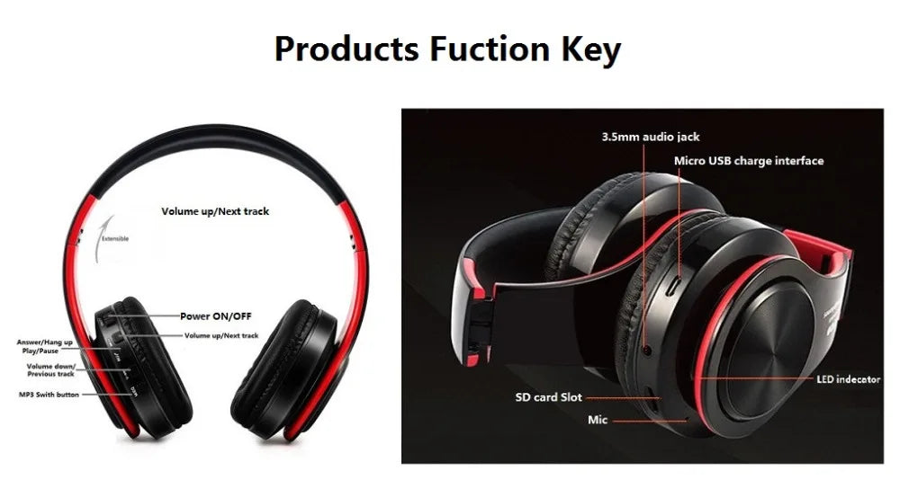 Wireless Bluetooth Headphones Foldable Stereo Headset Music Earphone with Microphone Support TF Card FM Radio AUX