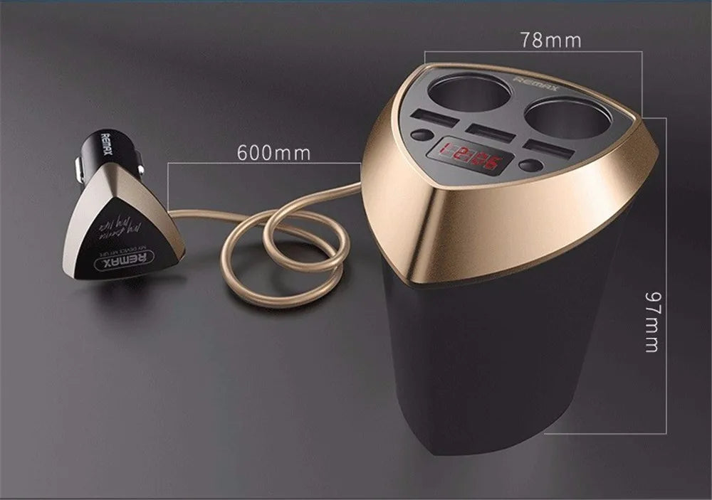 Remax Smart Car Cup 3 USB Charger Cigarette Lighter Voltage Display Plug Socket Splitter