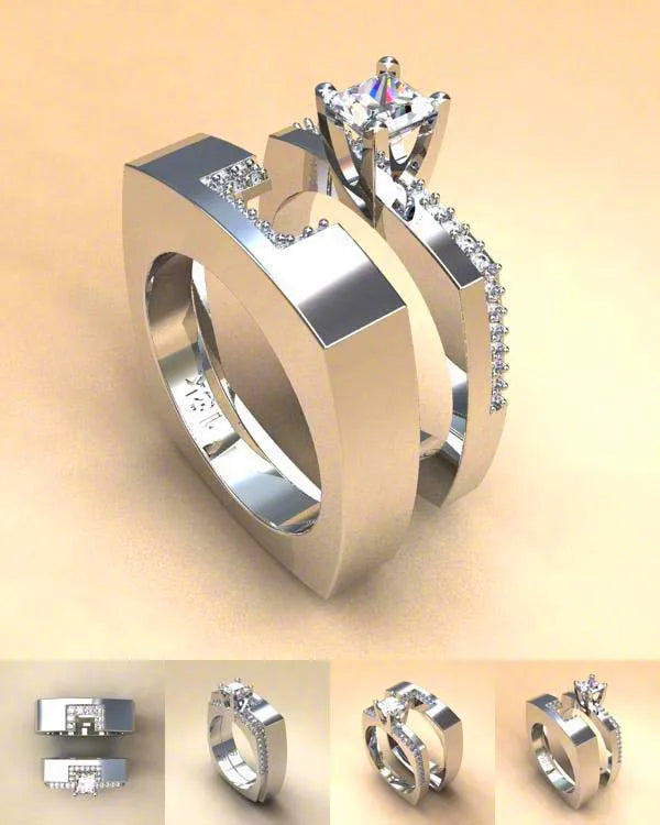 Zircon Stone Ring Set Crystal Silver Color Bridal Wedding Jewelry Promise Engagement Rings For Women