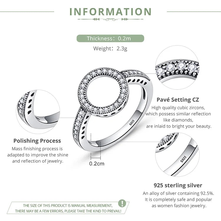 BAMOER 925 Sterling Silver Forever Clear Black CZ Circle Round Finger Rings SCR041