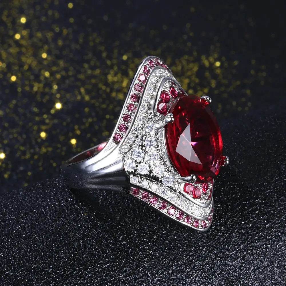 925 Sterling Silver Ring With Ruby Stones For Women Vintage Crystal Zircon Fashion Luxury Party Engagement Jewelry