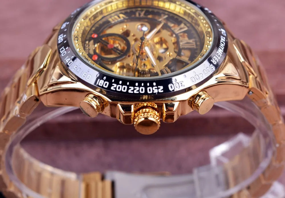 Gold-toned Winner mechanical sport design bezel skeleton chronograph watch