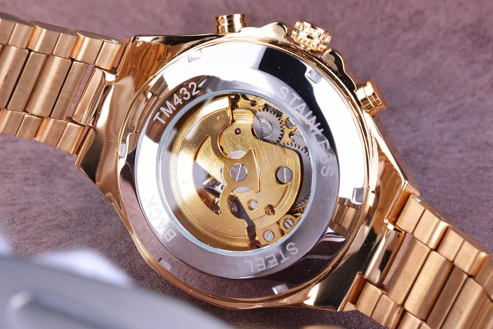 Gold-tone Winner Mechanical Sport skeleton chronograph watch with bezel