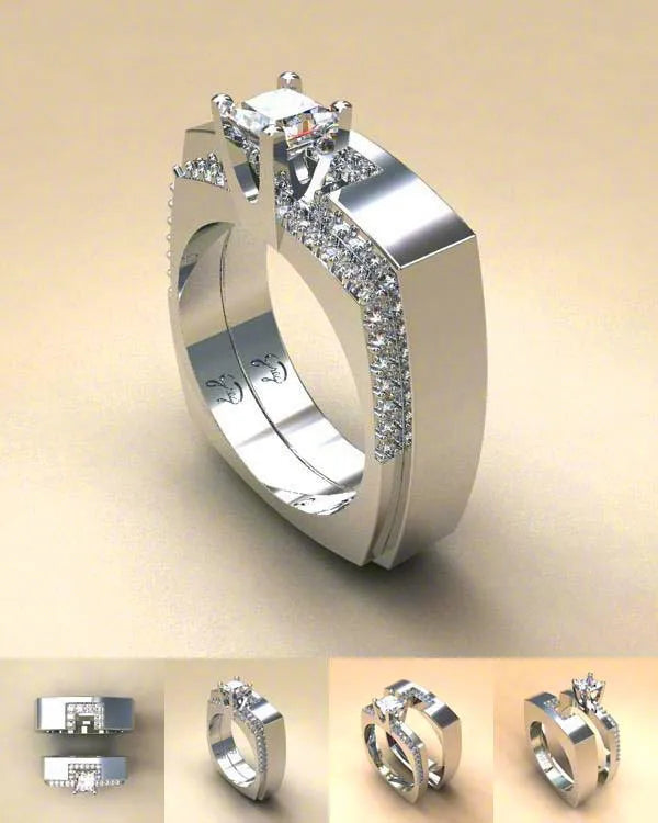 Zircon Stone Ring Set Crystal Silver Color Bridal Wedding Jewelry Promise Engagement Rings For Women