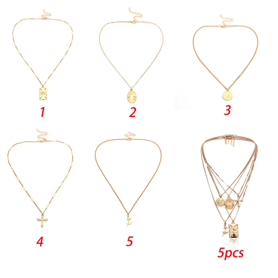 Layered Rose Cross Pendant Choker Necklace Set Boho Golden Carve Portrait Coin Long Chain Women Christian
