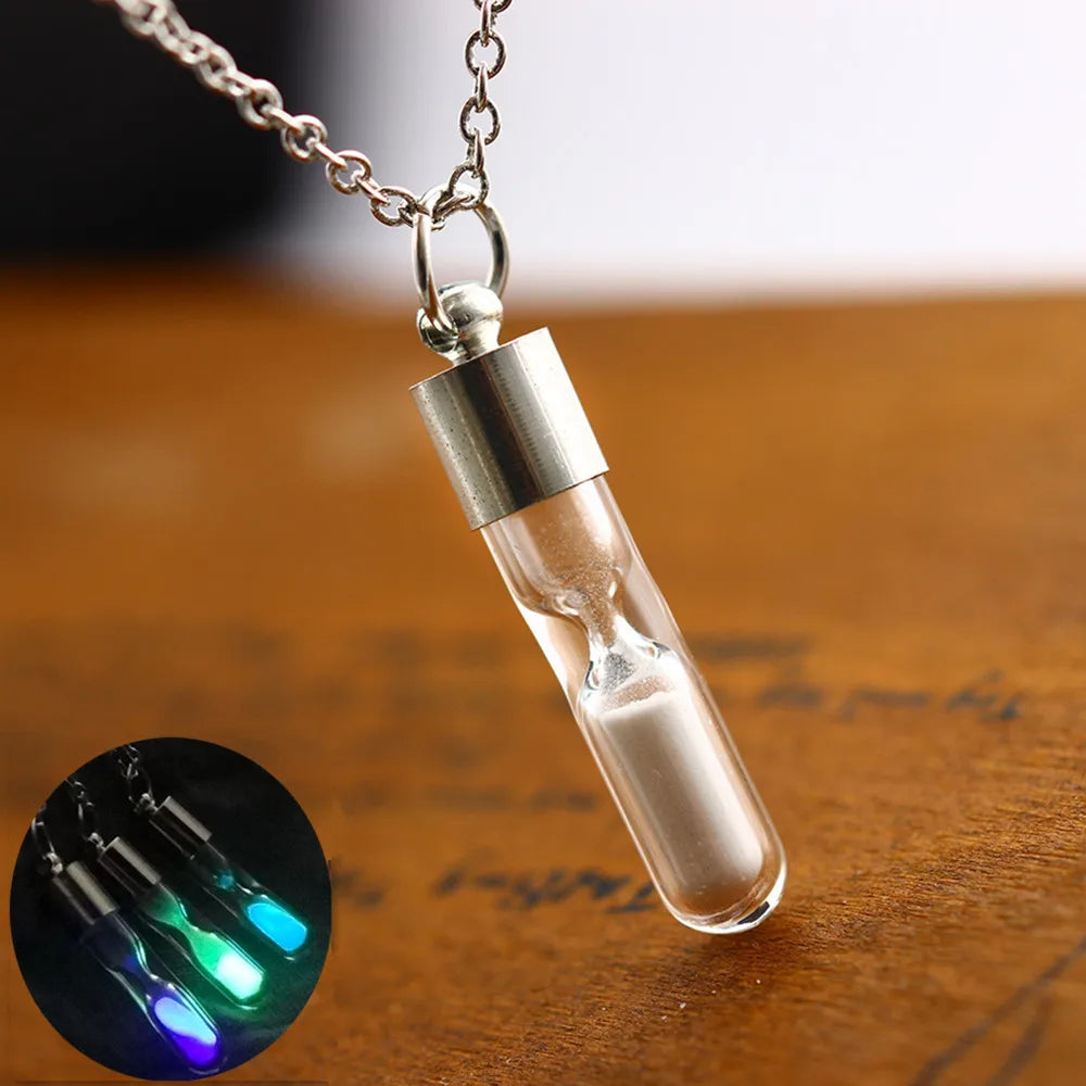 Glow In The Dark hourglass Necklace Glass Pendant Silver Chain Luminous Jewelry