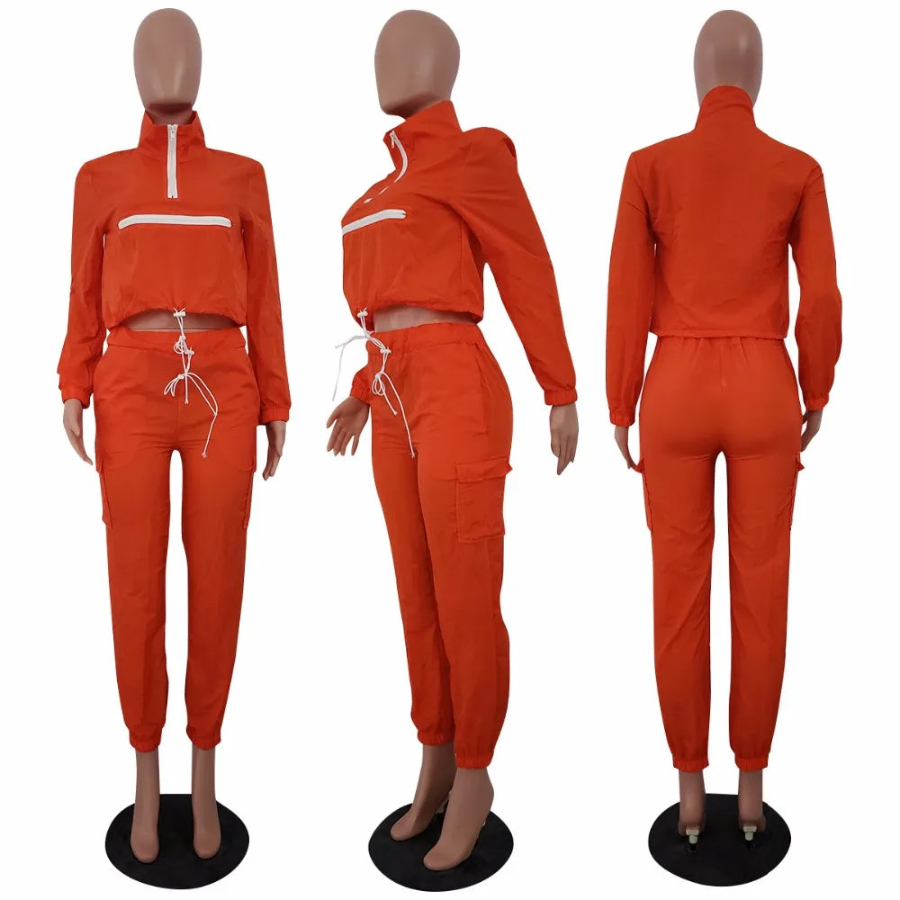 Women zip up neck long sleeve short trench safari pants suits two pieces set