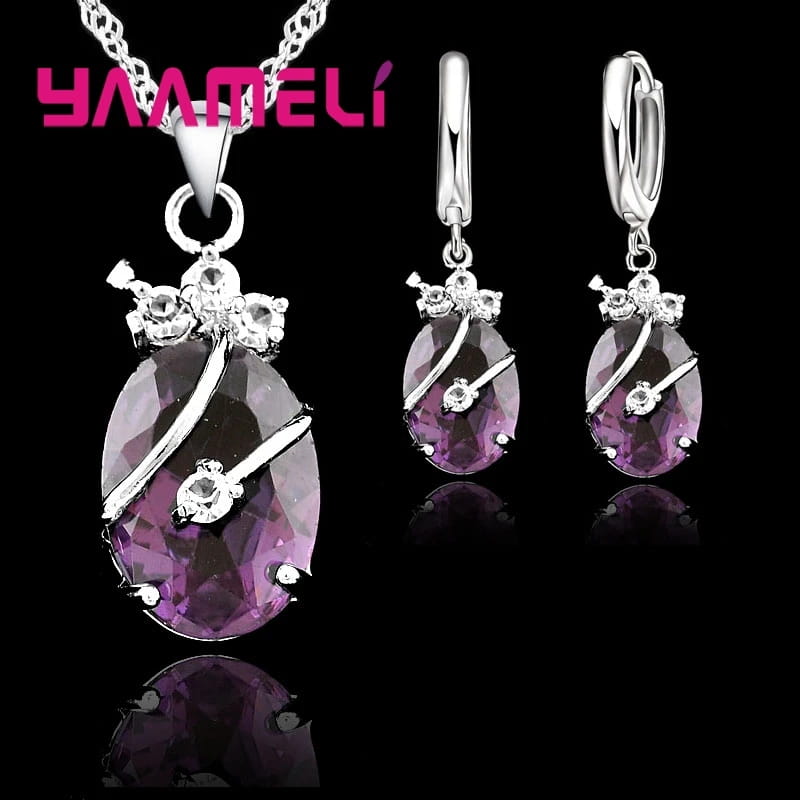 New Fashion Vintage Jewelry Sets For Women 925 Sterling Silver Crystal Stone Pendant Charms Wedding Necklace Hoop