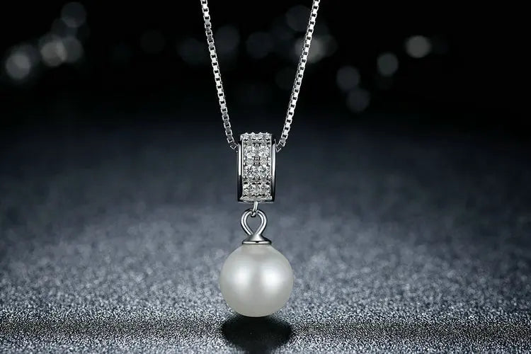 BAMOER 925 Sterling Silver Simulated Pearl Pendant Necklace Long Chain SCN030