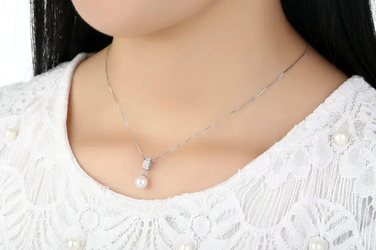 BAMOER 925 Sterling Silver Simulated Pearl Pendant Necklace Long Chain SCN030