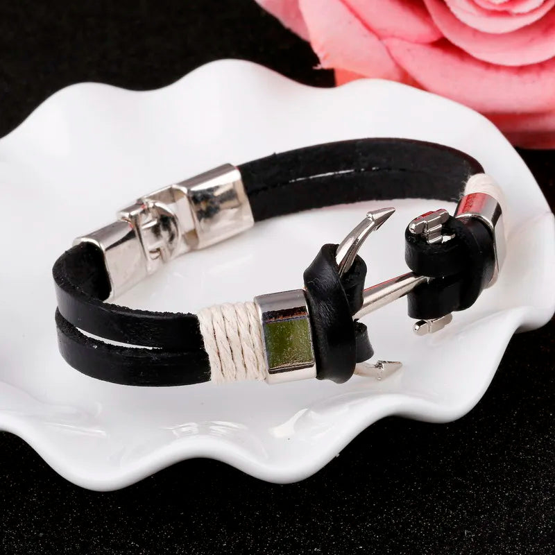 Wholesale Cuff braided Wrap Bracelet & Bangles Men Jewelry Pirate Genuine Leather Anchor Bracelets Vintage Men’s