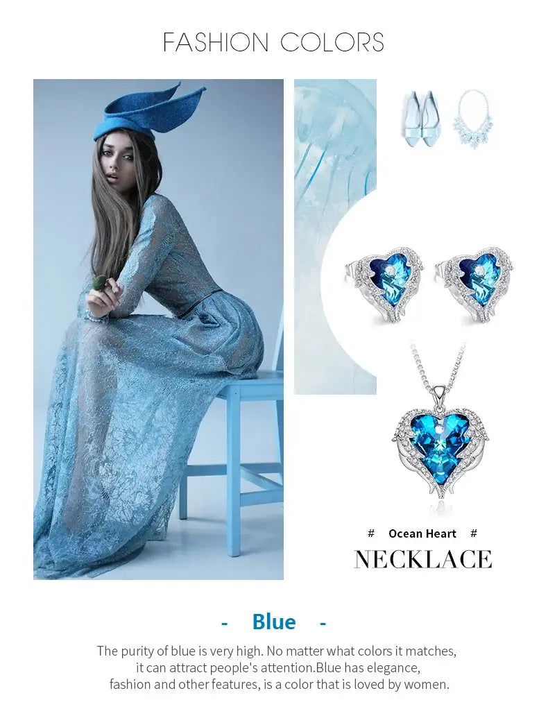 Cdyle Crystals from Swarovski Angel Wings Necklaces Earrings Purple Blue Crystal Heart Pendant Jewelry Set For Women