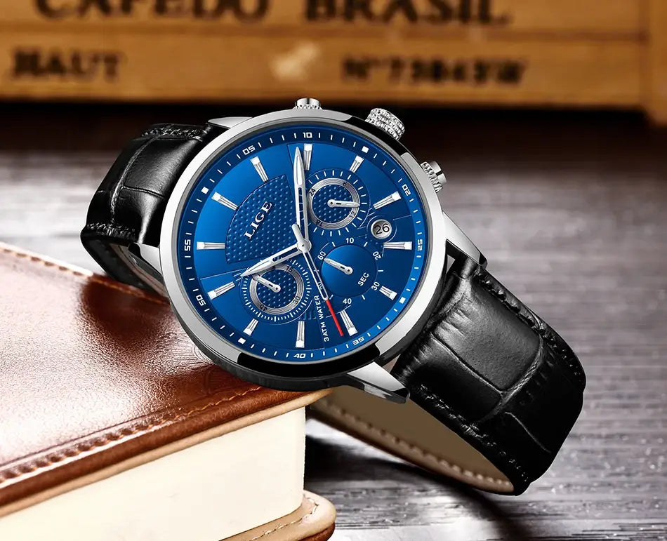 2023 New Mens Watches LIGE Top Brand Leather Chronograph Waterproof Sport Automatic Date Quartz Watch For Men Relogio