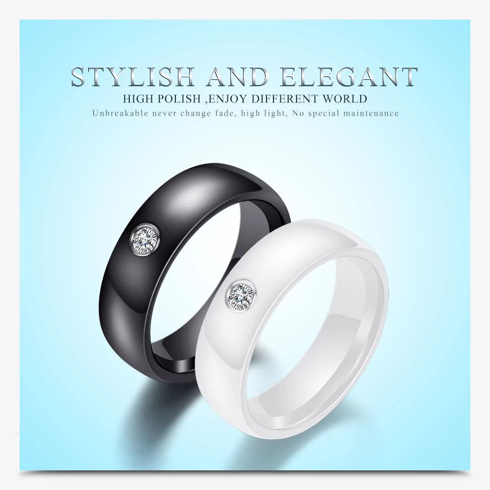 New Arrival Black White Colorful Ring Ceramic For Women With Big Crystal Wedding Band Width 6mm Size 6-10 Gift Men