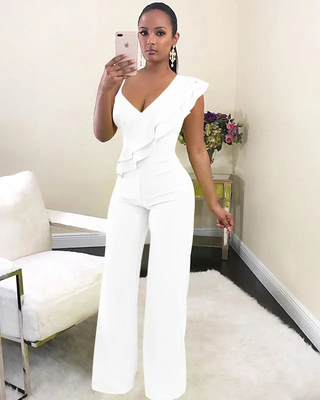 One Shoulder Ruffles Jumpsuits For Women Fashion V Neck Long Wide Leg Pants
