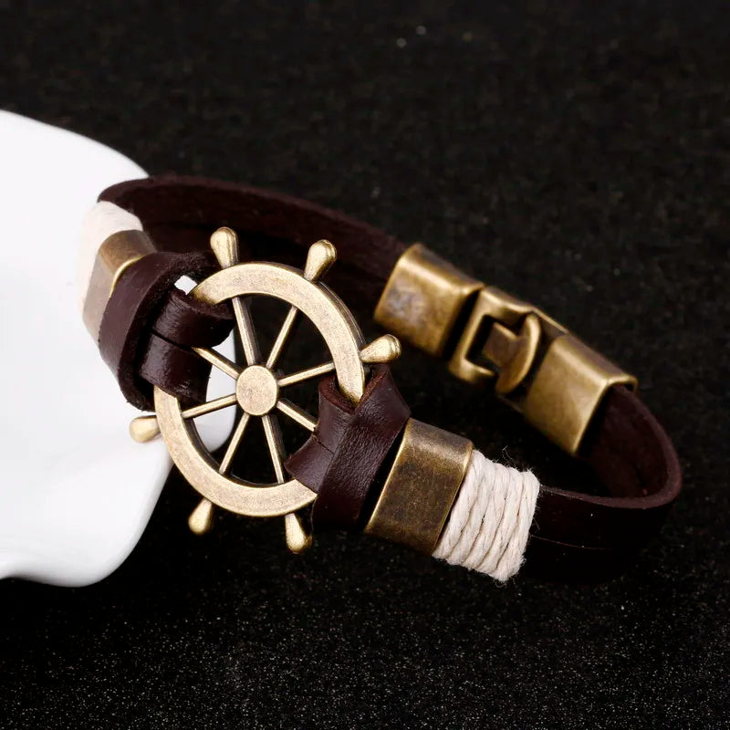 Wholesale Cuff braided Wrap Bracelet & Bangles Men Jewelry Pirate Genuine Leather Anchor Bracelets Vintage Men’s