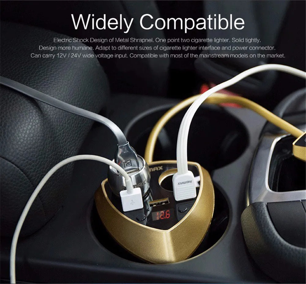 Remax Smart Car Cup 3 USB Charger Cigarette Lighter Voltage Display Plug Socket Splitter