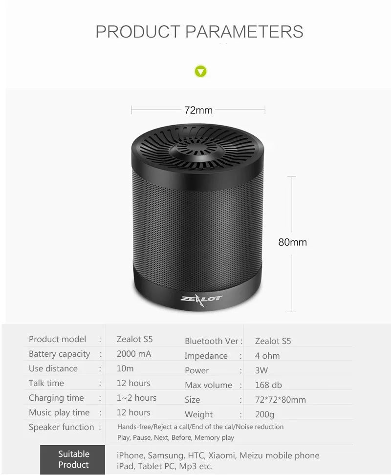 ZEALOT S5 Portable Bluetooth Speaker Column Wireless Subwoofer Super Bass Stereo USB TF Card Play With Microphone