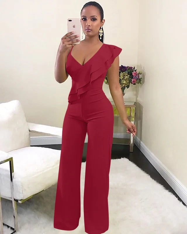 One Shoulder Ruffles Jumpsuits For Women Fashion V Neck Long Wide Leg Pants