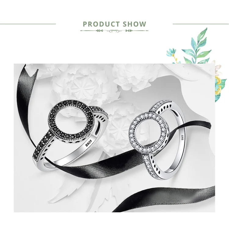 BAMOER 925 Sterling Silver Forever Clear Black CZ Circle Round Finger Rings SCR041