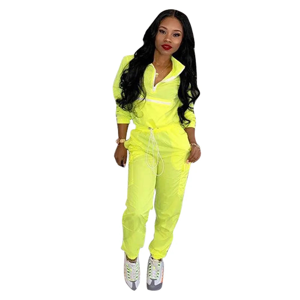 Women zip up neck long sleeve short trench safari pants suits two pieces set