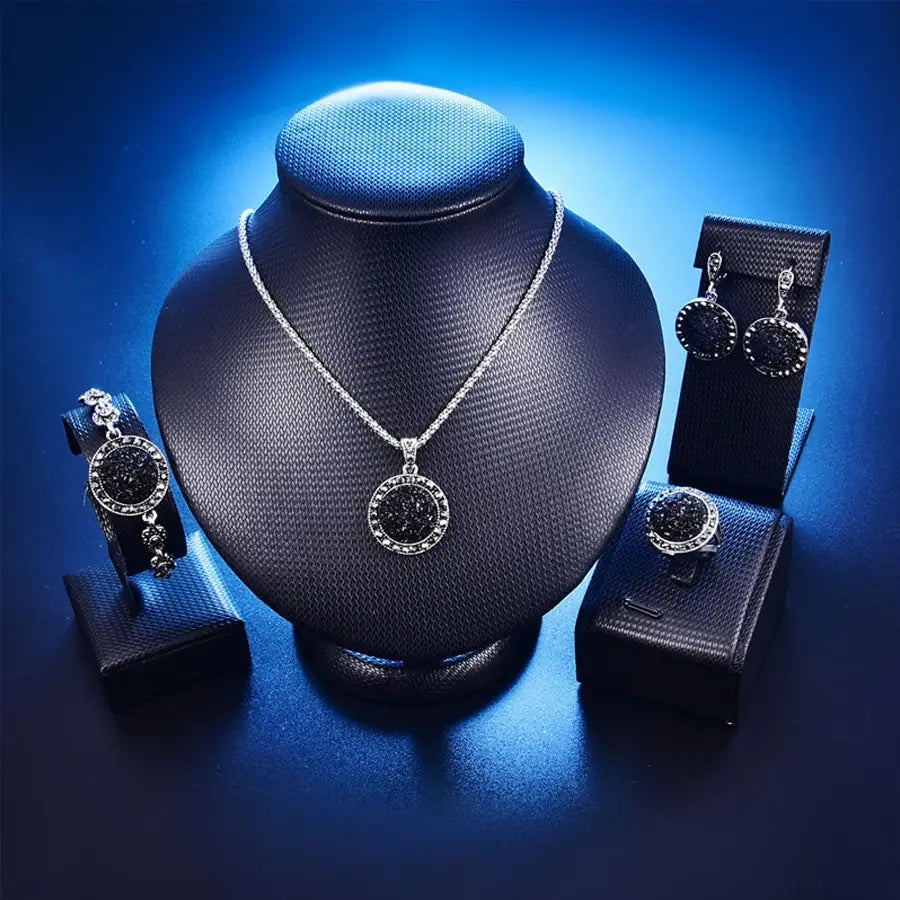 Vintage Black Jewelry Set Crystal Round Stone Pendant Necklace