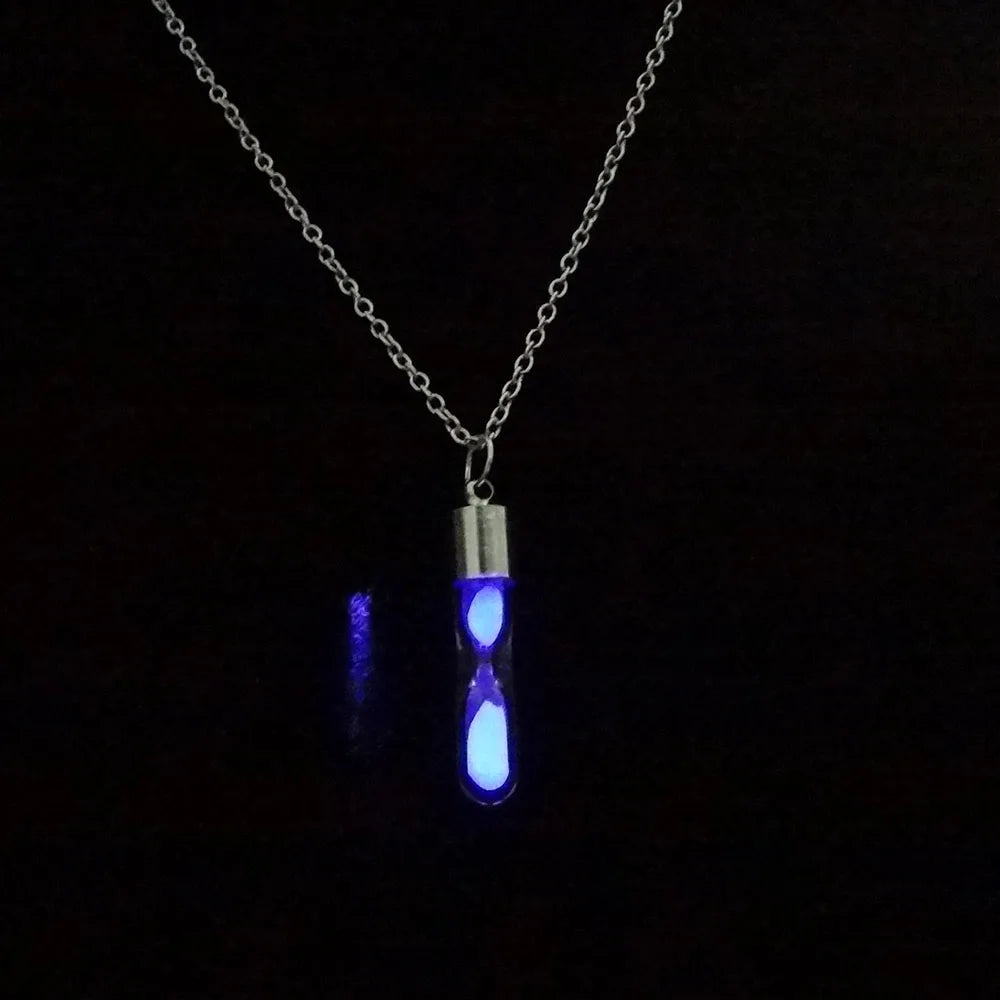 Glow In The Dark hourglass Necklace Glass Pendant Silver Chain Luminous Jewelry