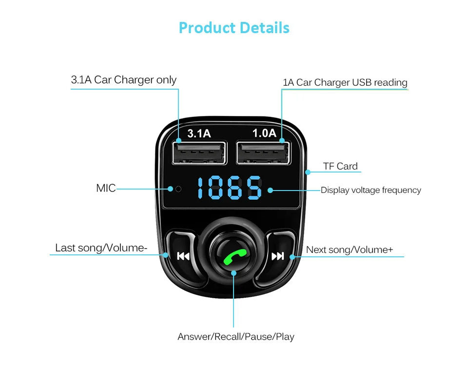 ANLUD Bluetooth Handsfree Car Kit FM Transmitter Micro SD TF MP3 Music Play Wireless Modulator